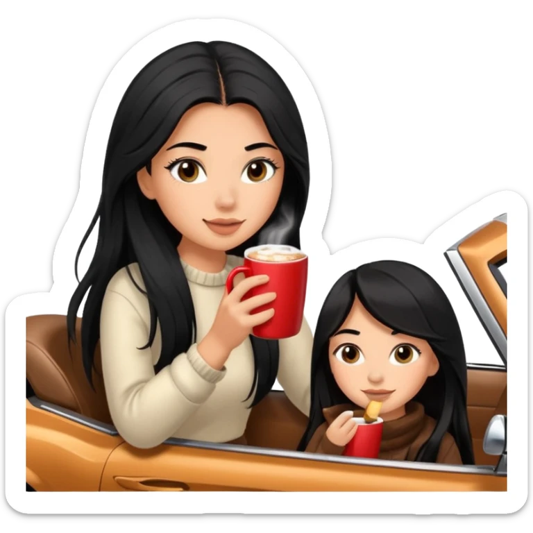 anned Girl with lashes , bright black long hair, in an extremely big fluffy brown mustang, and drinking hot chocolate drink sticker