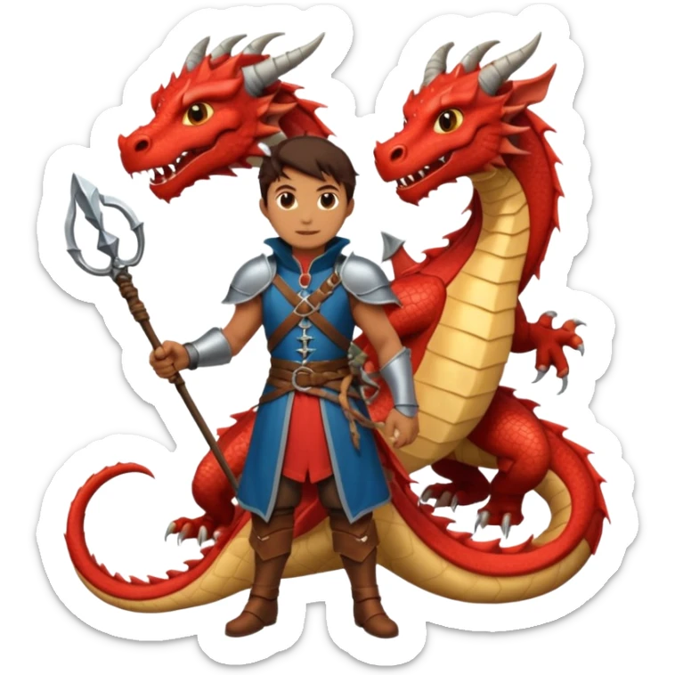 a dragon tamer with a whip in his hand in medieval time with a dragon next to him sticker