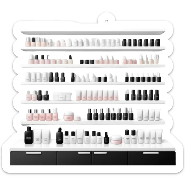big beauty salon showcase with well-organized brand-labeled beauty products on a white shelves, monochrome sticker