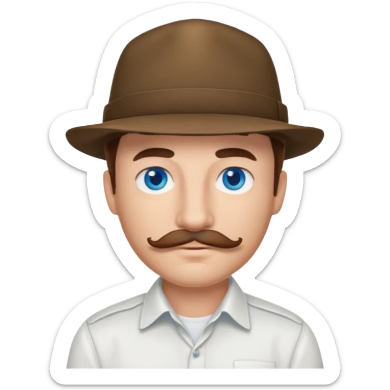Justin Jeffre blue eyes, brown hair and mustache, white shirt and hat sticker