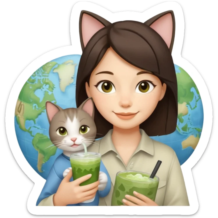 a brunette woman in here 30S drinking an iced matcha, carrying a grey cat and a map of the world sticker