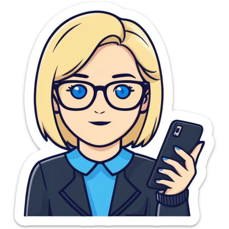 Photo of a white woman with blonde hair, blue eyes and glasses holding a phone sticker