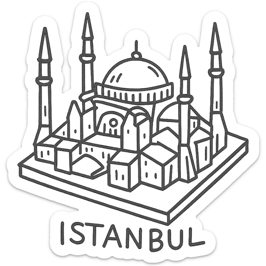 Isometric illustration of Istanbul, featuring real photorealistic Hagia Sophia with ts large central dome and four tall minarets, with real transparent background sticker