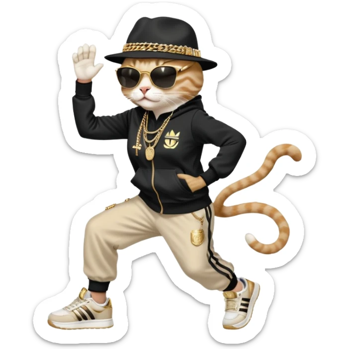 female cat dressed like Run DMC in tracksuit, fedora, Adidas shoes, dark sunglasses, lots of gold chains and bling accessories, break dancing sticker