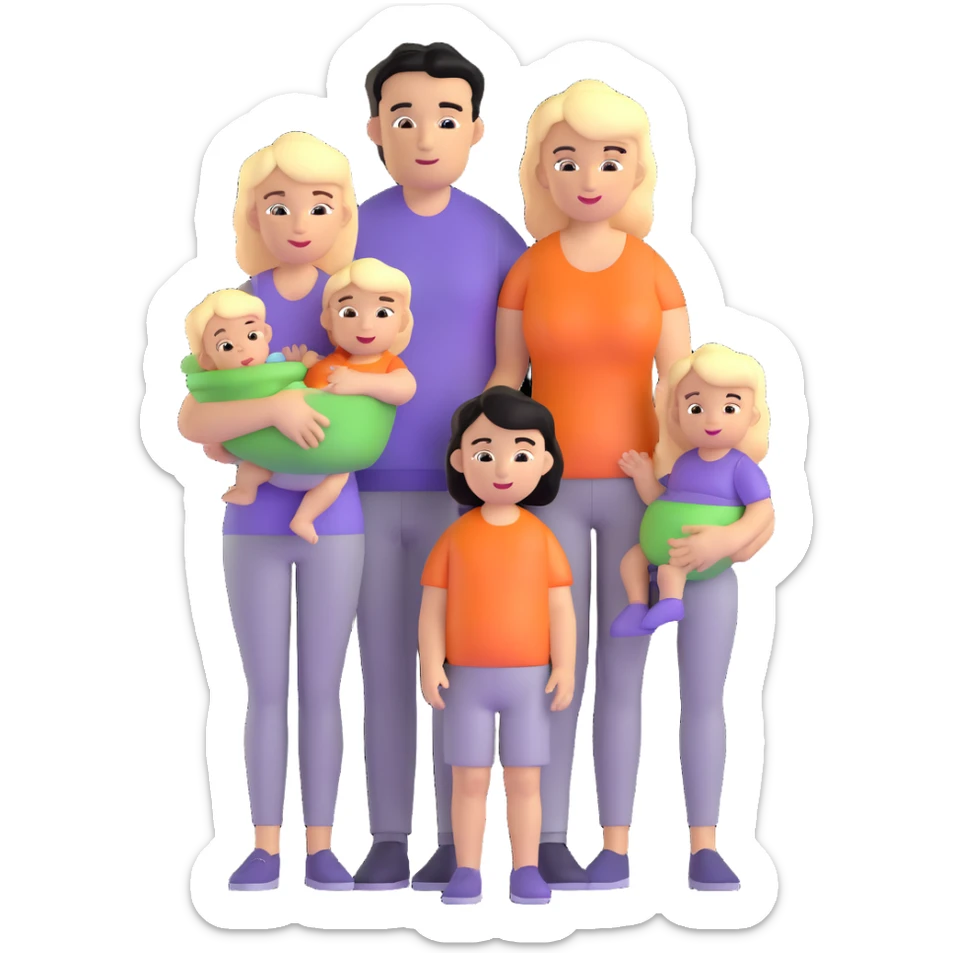 family with blond dad, brunette mom, blonde son, daughter with black hair, and a baby sticker