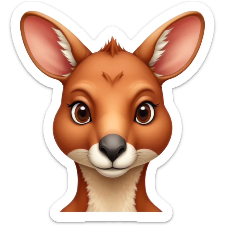 Cinematic Noble Adult Red Kangaroo Portrait Emoji, Poised and regal, with a robust, muscular build, tawny reddish fur, and a distinctive red kangaroo-shaped head featuring a slightly elongated snout, prominent ears, and keen, observant eyes, Simplified yet sharp and sophisticated features, highly detailed, glowing with a warm, sunlit glow, high shine, intelligent and commanding, stylized with an air of outback authority, focused and vigilant, soft glowing outline, capturing the essence of a watchful guardian that seems ready to bound out of the screen with effortless power! sticker