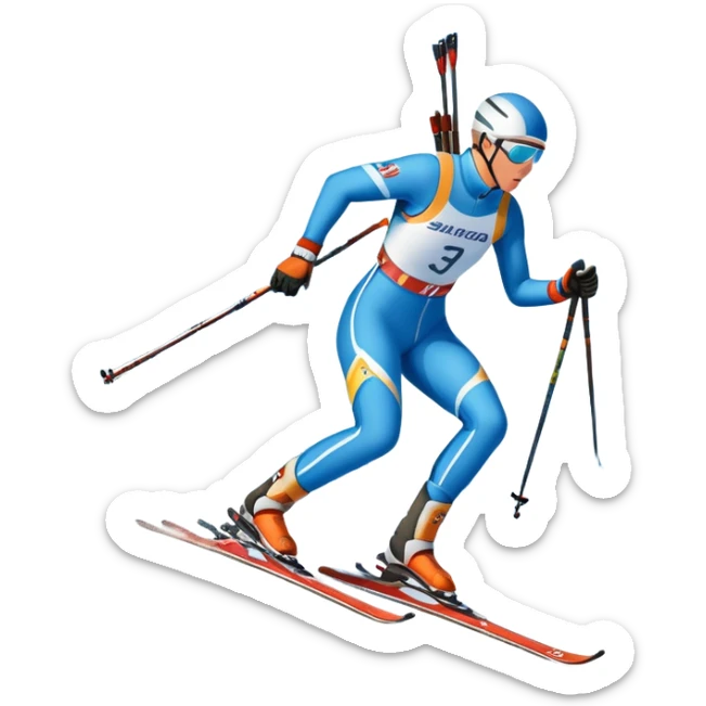 An icon featuring a biathlete in motion, holding a rifle and skiing across a snowy course. The backdrop includes snow-covered trees, distant mountains, and a clear blue sky. Transparent background highlights the precision, endurance, and excitement of biathlon. sticker