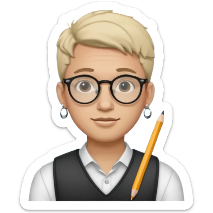 A man in his 20s wearing an apnotebook, wearing radio earrings, round glasses, achromatic clothes sticker