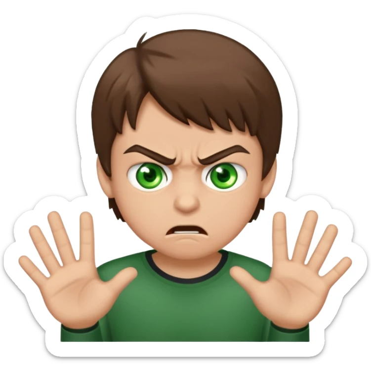Boy 10 years old, with overgrown brown hair with green eyes, angry, shows fuck sticker