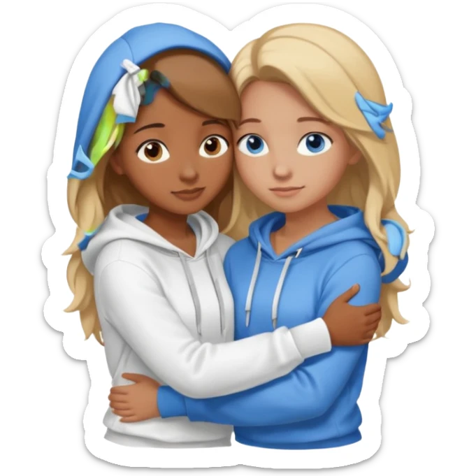 two Girls, Brown and Blonde hair, with Blue Eyes hugging one has Brown hair cute Hug another Version  Both Blue eyes and white hoddies Brown haired blonde on sticker