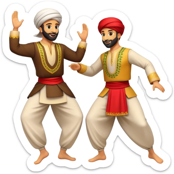 Cinematic Realistic Dabke Dance Emoji, depicted as an energetic traditional Lebanese folk dance with vibrant costumes and rhythmic movements, rendered with dynamic textures and festive natural lighting that captures its communal joy. sticker