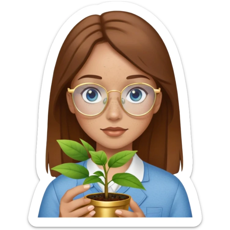 Girl with light skin, brown hair, blue eyes, freckles, and gold glasses holding plant sticker