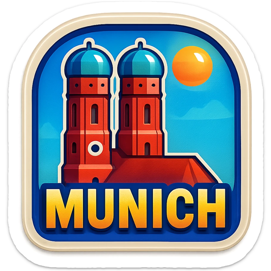 Adjust the color temperature and lighting of the original Munich emoji to remove the orange tint and create a bright, clear daytime scene. Keep the style, detail, and composition exactly the same. Maintain the fully transparent background. sticker