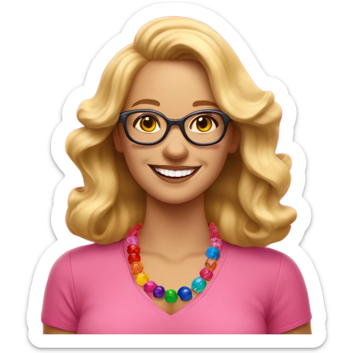  cheerful woman with wavy blonde hair and glasses, wearing a pink shirt and colorful beaded necklace, smiling brightly against a vibrant red background." sticker