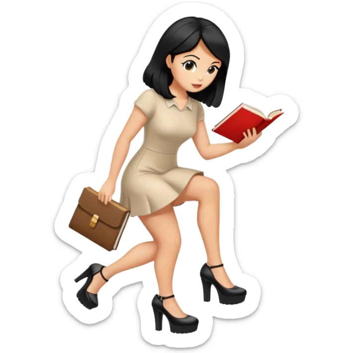 Bimbo walking, platform heels, mini dress, black hair tanned, hot, picking up book from ground, hot  sticker