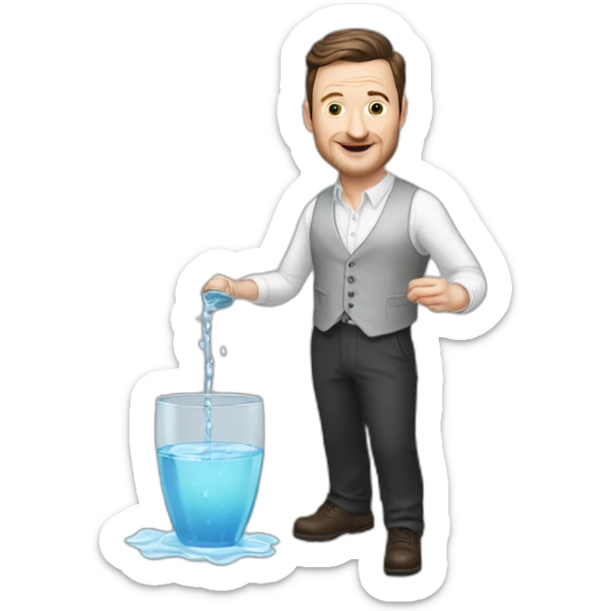 tim robinson dark black slicked back hair white long sleeve shirt with a light grey vest pouring water on a steak sticker