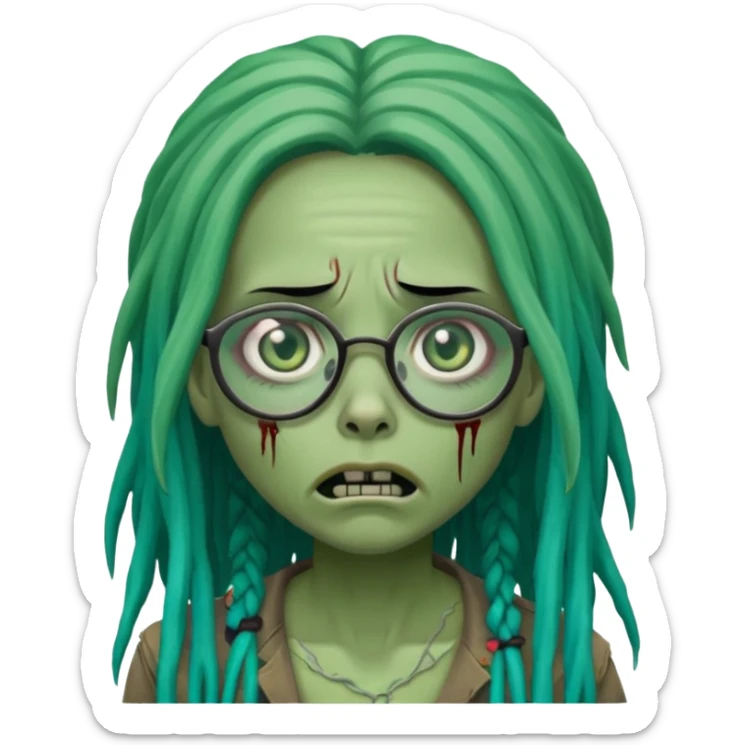 One female green-skinned, zombie with glasses, with ombre black & teal long dreadlocks and a worried expression with a small wound near its mouth. sticker
