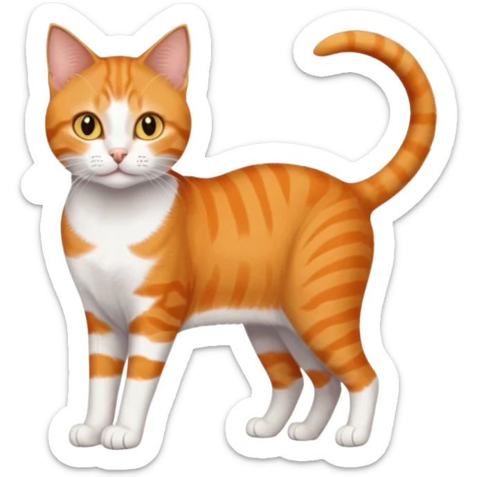 full body orange domestic shorthair slim cat with yellow/orange eyes paw being white and the other being half sticker
