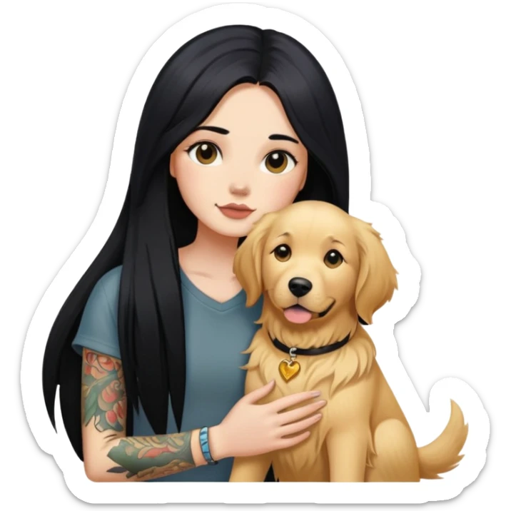 girl with long black  straight hair and tattoos and  a golden retriever sticker