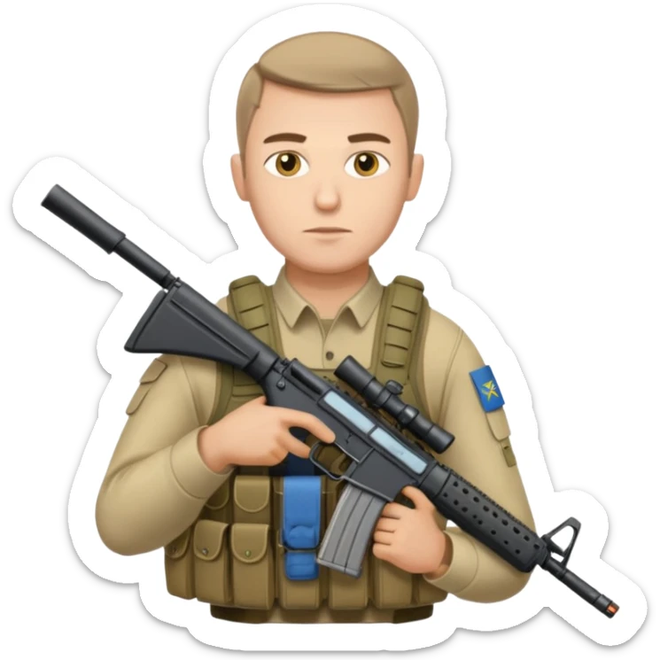 Ukrainian intelligance agency warrior man in platecarrier with nato riffle and ukrainian gerb sticker