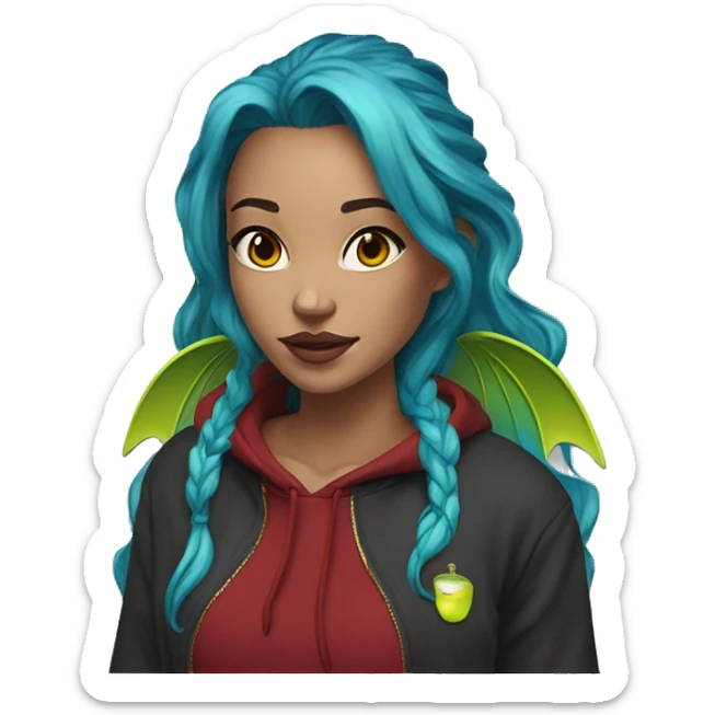 Lady with brunette and iridescent blue hair, gold, lime green dragon wings, maroon hoodie, 420, black and gold Nike t shirt, and bright red eyes sticker