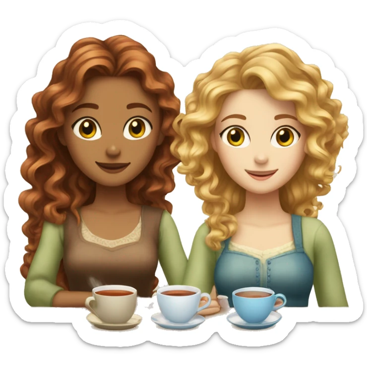 Three fair-skinned girls, a blonde with curly hair and gray eyes, a redhead with green eyes and long hair and a brown-haired woman with long hair and blue eyes are drinking tea sticker