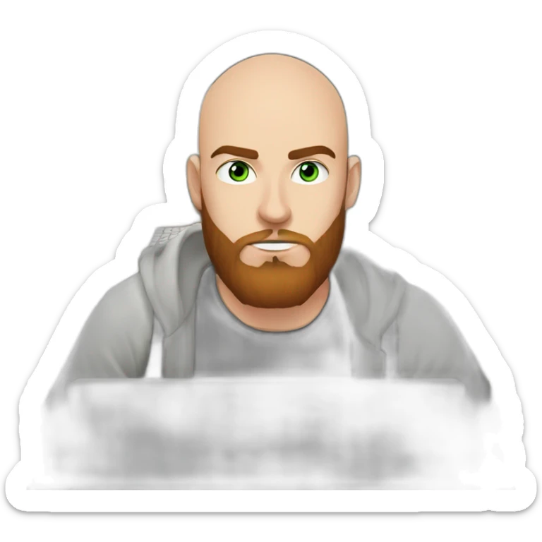 realistic cartoon, pirate look, 21 years old almost bald man with 1-day chestnut beard in front of a computer making video editing, green eyes, in the dark, looking serious sticker