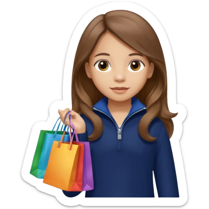 A little girl (he usually calls her baby), who is obsessed with shopping and luxury brands and holds a dozen of bags, she wears navy blue half zip sweater and holds 10 bags and she has long brown hair  sticker