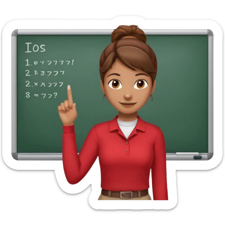 Happy instructor female brown hair whit board hair up red shirt sticker