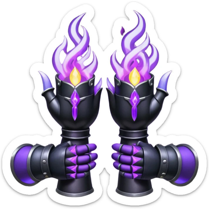 A Discord emoji of a pair of black armored gauntlets holding a flickering violet flame. The hands are positioned as if offering a gift. Dark gothic fantasy, glowing magical effects, high contrast, 2D vector style, white background. sticker