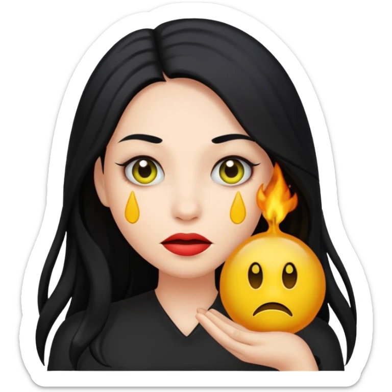 A woman with long black hair holding a toxic emoji sticker