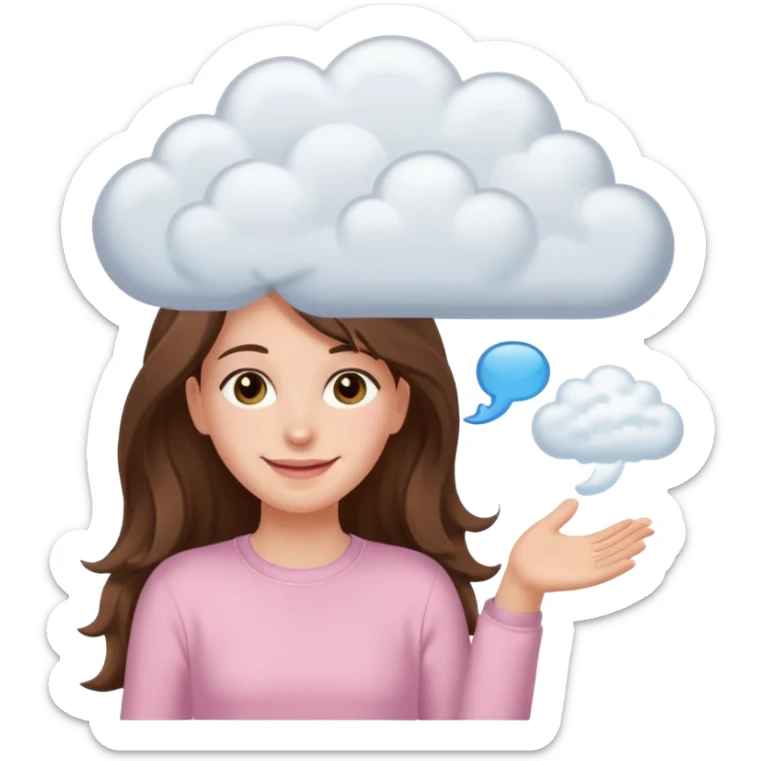 happy white long brunette hair girl with hazel eyes in light pink with white cloud thought bubble sticker