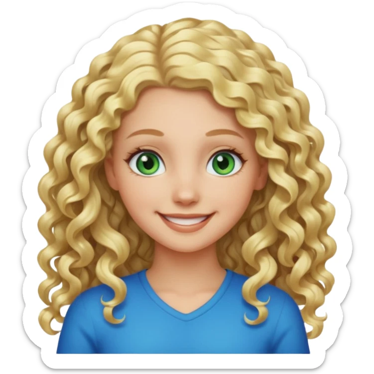 A white girl with long blonde curly hair and blue and green eyes sticker