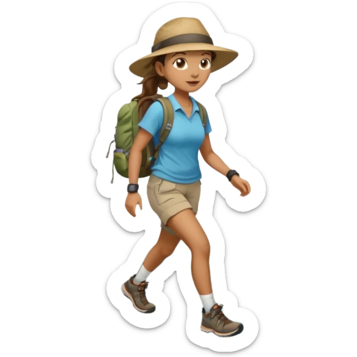 Create an emoji of a woman, hiking in shorts, trekking sneakers with a backpack and a wide broom hat and a brown ponytail sticker
