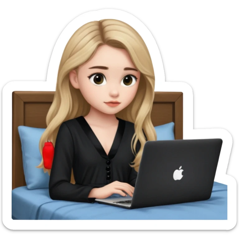 Sabrina carpenter in a black nightdress sitting on a bed with her laptop open  sticker