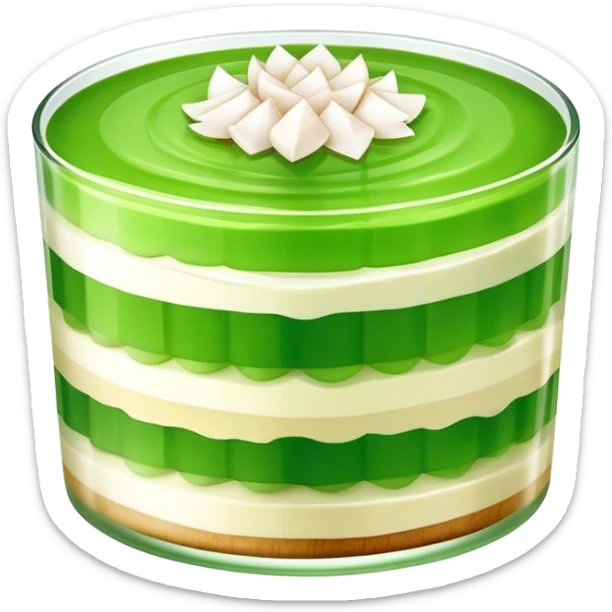 Coconut Pandan Jelly Cinematic Realistic Coconut Pandan Jelly Dessert Emoji, depicted as a layered jelly with distinct strata of coconut and pandan flavors, rendered with delicate textures and vibrant, tropical lighting. sticker