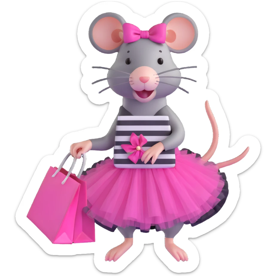 rat with a pink dress and tutu holding a black and white striped shopping bag sticker