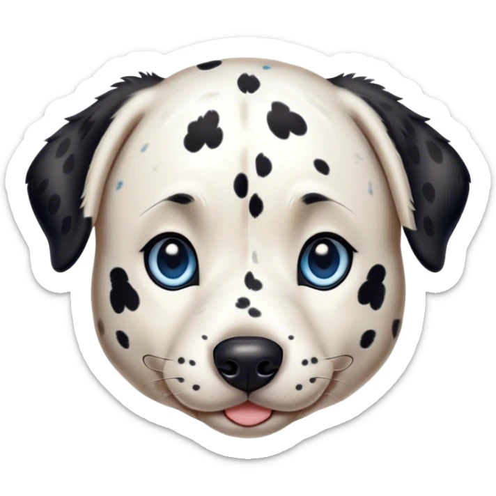 Cinematic Cute Spotted Dalmatian Portrait Emoji, Head tilted playfully and inquisitively, featuring a glossy Fur of predominantly white with dynamic black patches, round, sparkling blue eyes filled with gentle curiosity, Simplified yet irresistibly adorable features, highly detailed, glowing with a warm, friendly glow, high shine, affectionate and gentle, stylized with a touch of whimsy, bright and endearing, soft glowing outline, capturing the essence of a mischievous yet loving pup, so playful it feels like it could lumber out of the screen and into your arms! sticker