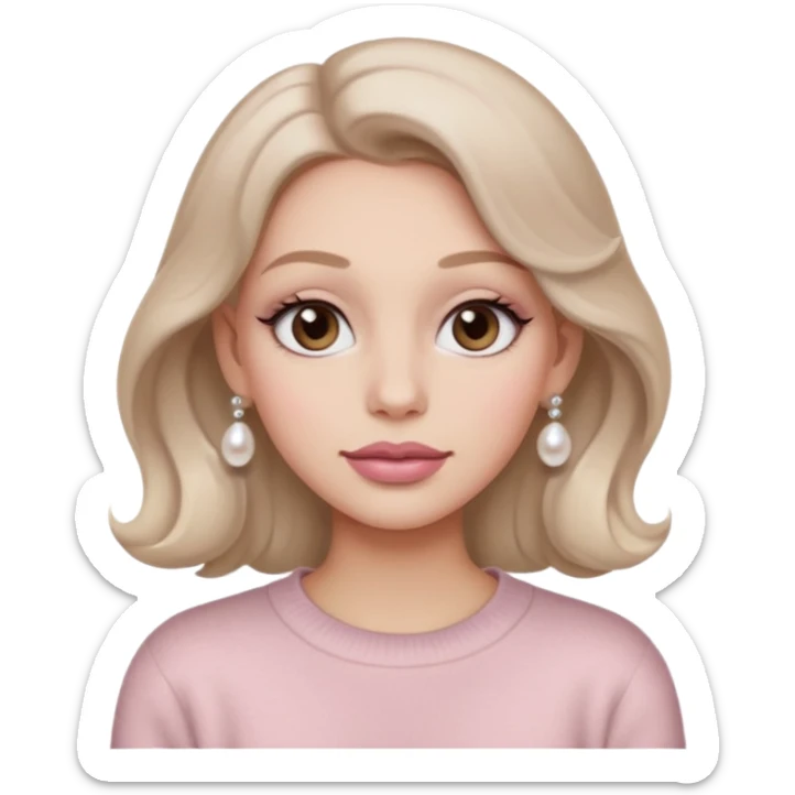 “Emoji girl, soft matte skin, neutral taupe eyeshadow, light rose lips, subtle contour, pearl earrings, loose waves, wearing cream cashmere sweater.” sticker