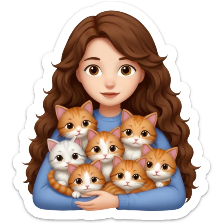 girl with long wavy brown hair cuddling with 6 cute cats sticker