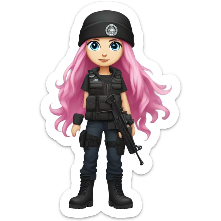 girl, white skin, tactical vest, dark pants, long pink hair, blue eyes, black beanie hat with crescent moon on front, black combat boots, gun sticker