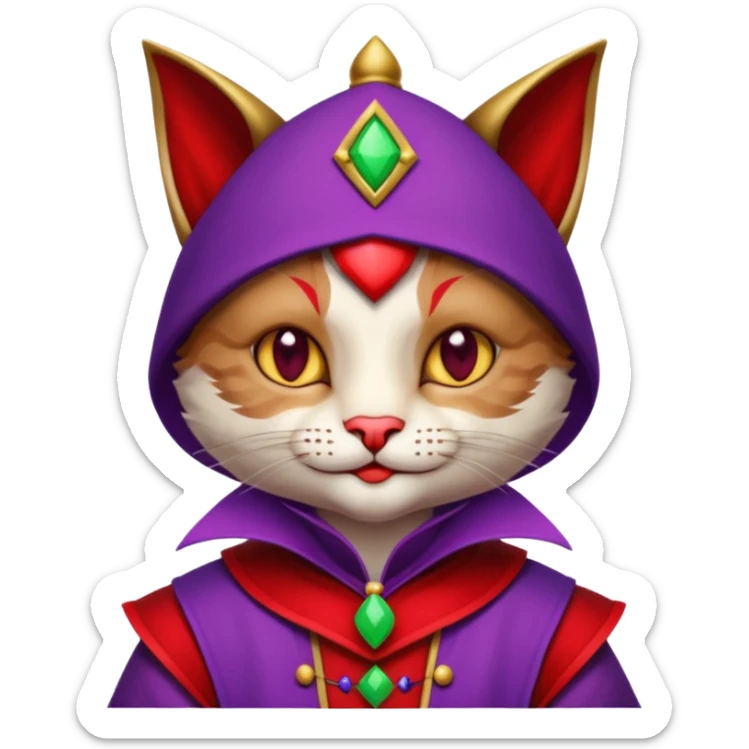 crazy colorful cute little cat jolly joker from poker, medieval, vintage, court jester, mac os icon, purple and red color, half body sticker