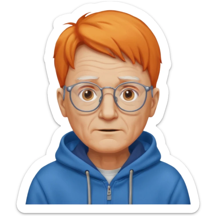 old man, orange hair, no mustache, wearing glasses, long face, wearing a blue hoodie sticker