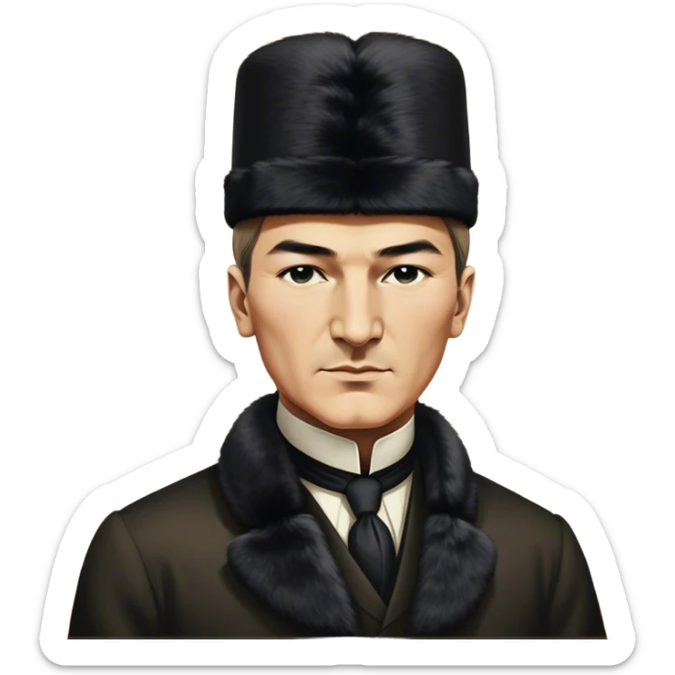 ​Cinematic Realistic Portrait of a Young Mustafa Kemal Atatürk, depicted wearing an iconic tall black fur hat along with traditional attire, his confident, visionary expression illuminated by warm, inspiring lighting, rendered with rich historical textures that capture his youthful dynamism and transformative leadership, sticker