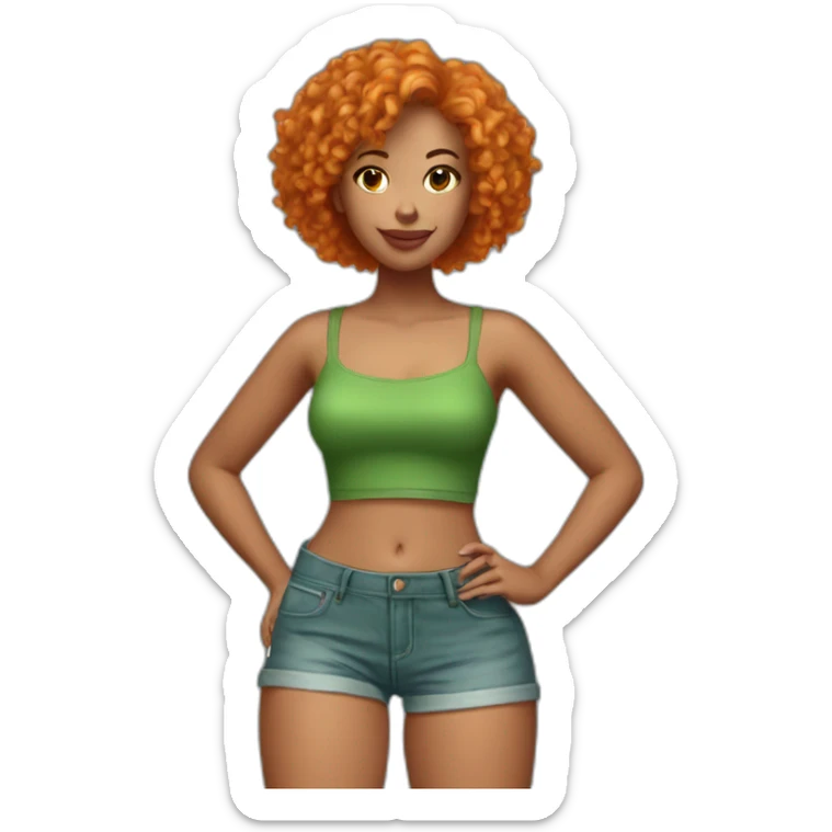 Woman with short orange Curly hair wearing a green tube top and Jean shorts sticker