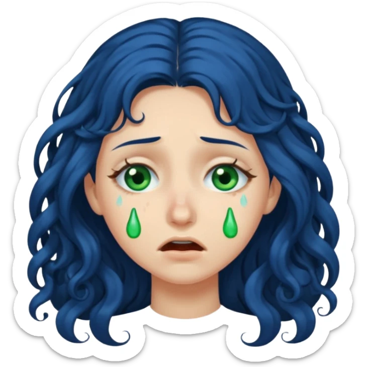 Girl with long  curly dark blue hair, green eyes, and very fair skin.crying sticker