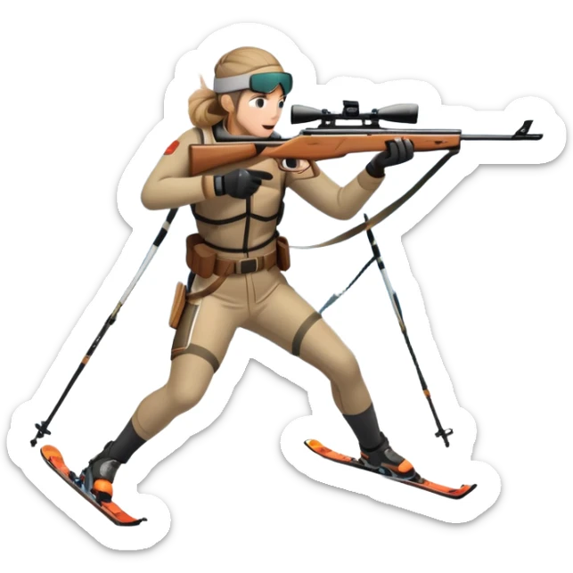 An icon showing a snowy landscape with pine trees, mountains, and a clear sky with a biathlete aiming a rifle in the foreground, wearing winter gear and skis. Transparent background emphasizes the precision, endurance, and beauty of this winter sport. sticker