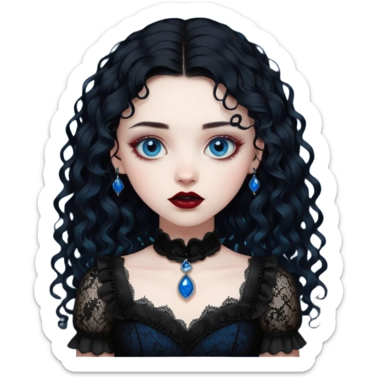 A girl with a dark red goth vampire look in a black goth lace dress with long sleeves longer black curly hair sticker