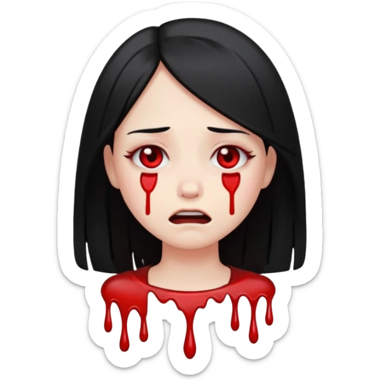 pale girl with black straight hair, crying blood, emoji style sticker