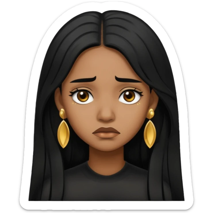 medium brown skin tone girl who has long layered black hair with gold stud earrings  who is sad  sticker